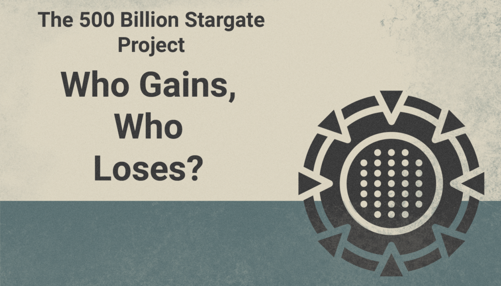 Editorial image with the phrase “Who Gains, Who Loses?” and a central icon of concentric arrows pointing inward toward a dotted core, symbolizing consolidation of power and influence.