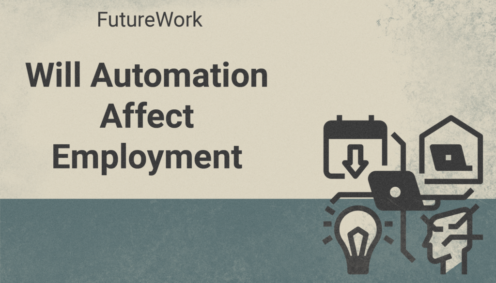 Editorial graphic featuring icons for remote work, scheduling, innovation, and AI intelligence alongside bold text reading “Will Automation Affect Employment,” highlighting labor disruption.