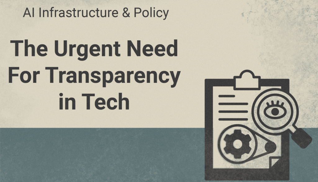 Stylized editorial image of a clipboard with a gear, document lines, and a magnifying glass over an eye symbol, next to bold title text advocating for AI transparency.